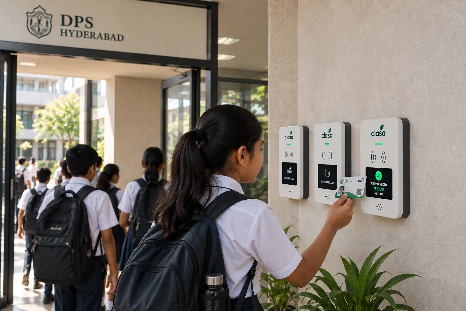 Students checking in at a row of Clasa readers by the school entrance