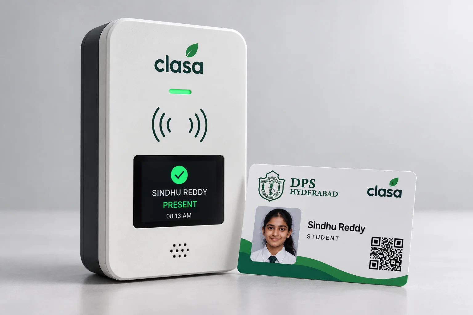 Clasa card reader showing a student marked present, next to a Clasa student card