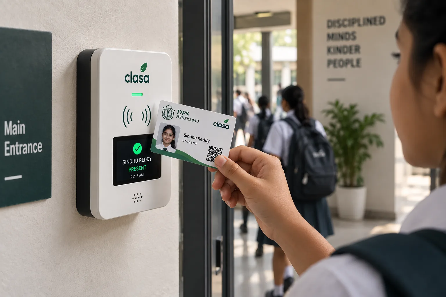 Student tapping a Clasa card on a reader at the school entrance